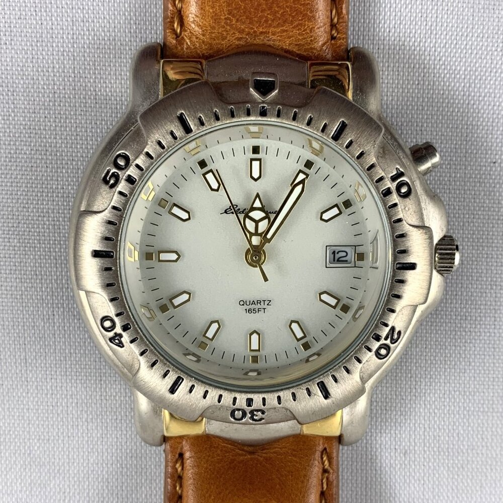 Vintage Eddie Bauer Quartz Diving Watch 53202 Westport, Silver w Brown Leather